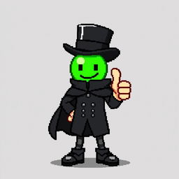 A character in a pixel art style, dressed in an elegant black outfit with a cloak and a top hat, giving a thumbs up