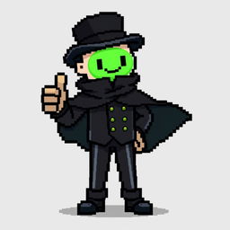A character in a pixel art style, dressed in an elegant black outfit with a cloak and a top hat, giving a thumbs up
