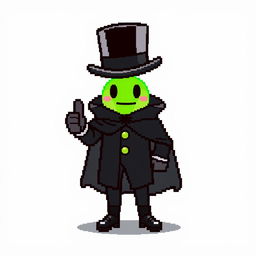 A character in a pixel art style, dressed in an elegant black outfit with a cloak and a top hat, giving a thumbs up