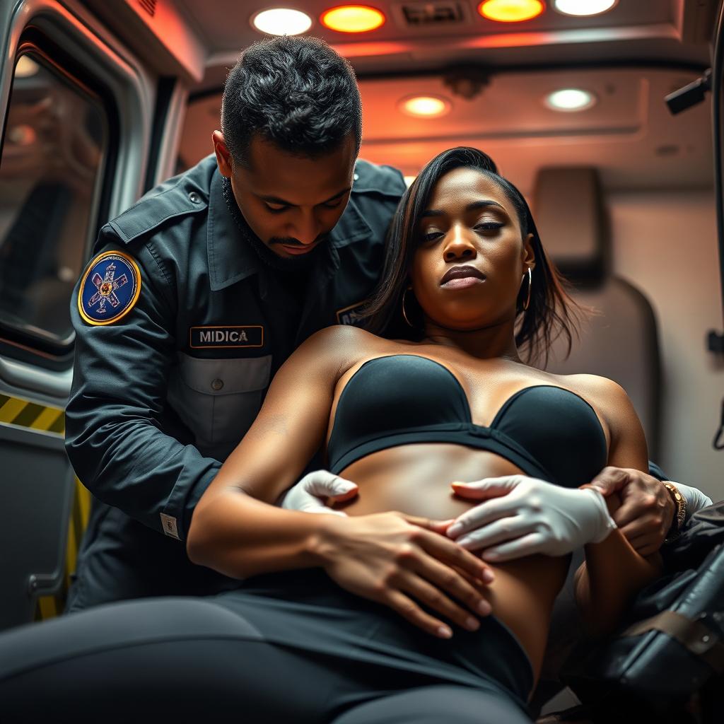 A dramatic scene depicting a medic performing CPR on a black woman who is wearing a stylish black bra, showcasing the urgency and determination during a life-saving attempt in a modern urban setting