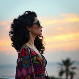 A profile view of a young white woman with long, luxurious black curls, elegantly gazing at the horizon