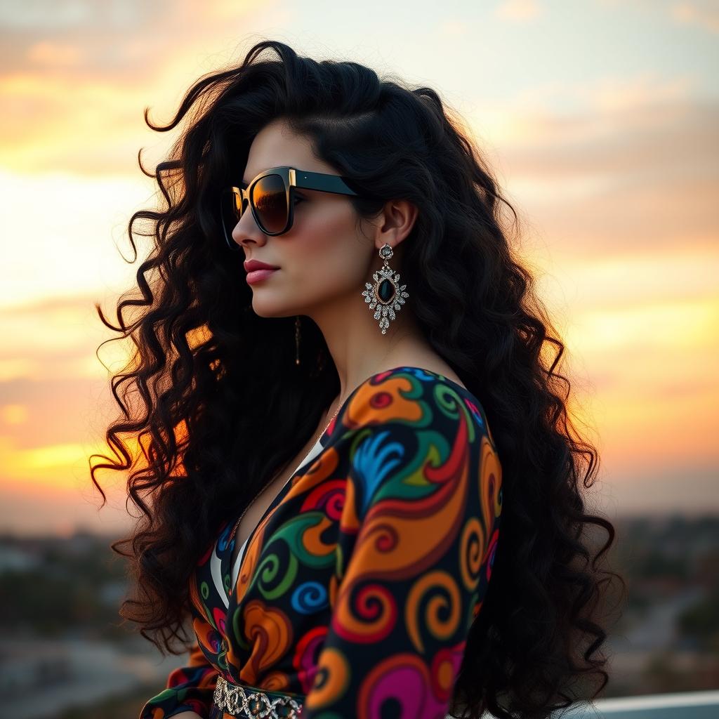 A profile view of a young white woman with long, luxurious black curls, elegantly gazing at the horizon