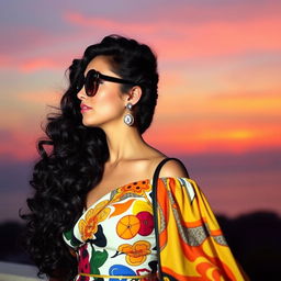 A profile view of a young white woman with long, luxurious black curls, elegantly gazing at the horizon