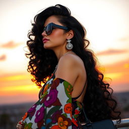 A profile view of a young white woman with long, luxurious black curls, elegantly gazing at the horizon