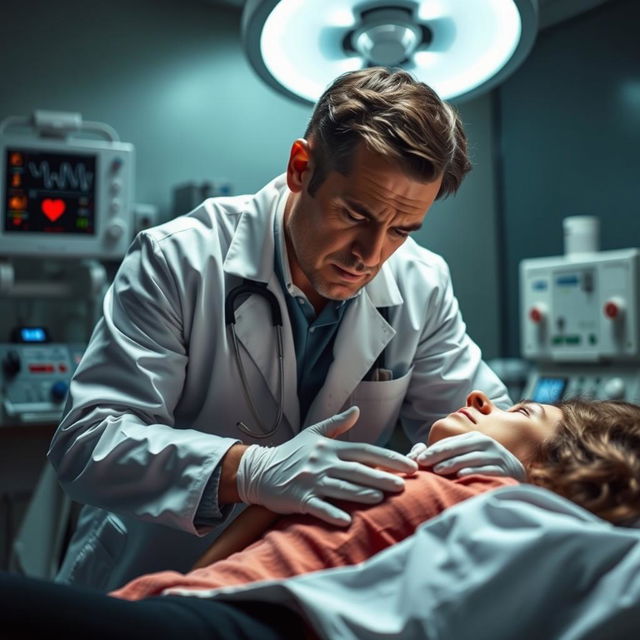 A tense and emotional scene showing a doctor performing CPR on a woman experiencing a heart attack