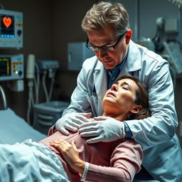 A tense and emotional scene showing a doctor performing CPR on a woman experiencing a heart attack