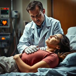 A tense and emotional scene showing a doctor performing CPR on a woman experiencing a heart attack