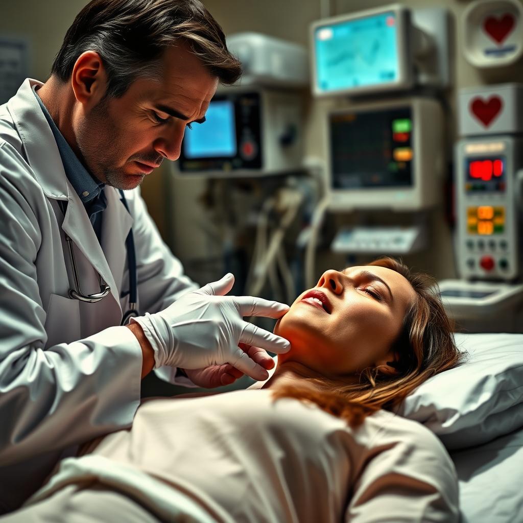 A tense and emotional scene showing a doctor performing CPR on a woman experiencing a heart attack