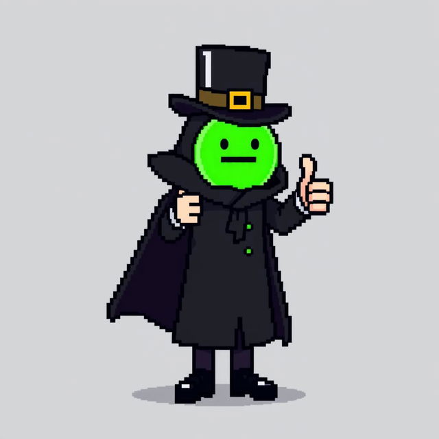 A character in a pixel art style, dressed in an elegant black outfit with a cloak and a top hat, giving a thumbs up