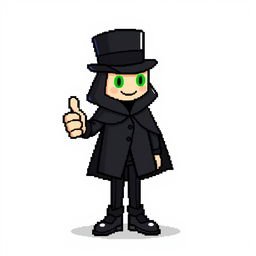 A character in a pixel art style, dressed in an elegant black outfit with a cloak and a top hat, giving a thumbs up