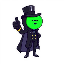 A character in a pixel art style, dressed in an elegant black outfit with a cloak and a top hat, giving a thumbs up