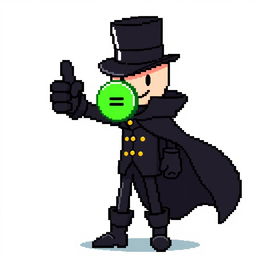 A character in a pixel art style, dressed in an elegant black outfit with a cloak and a top hat, giving a thumbs up
