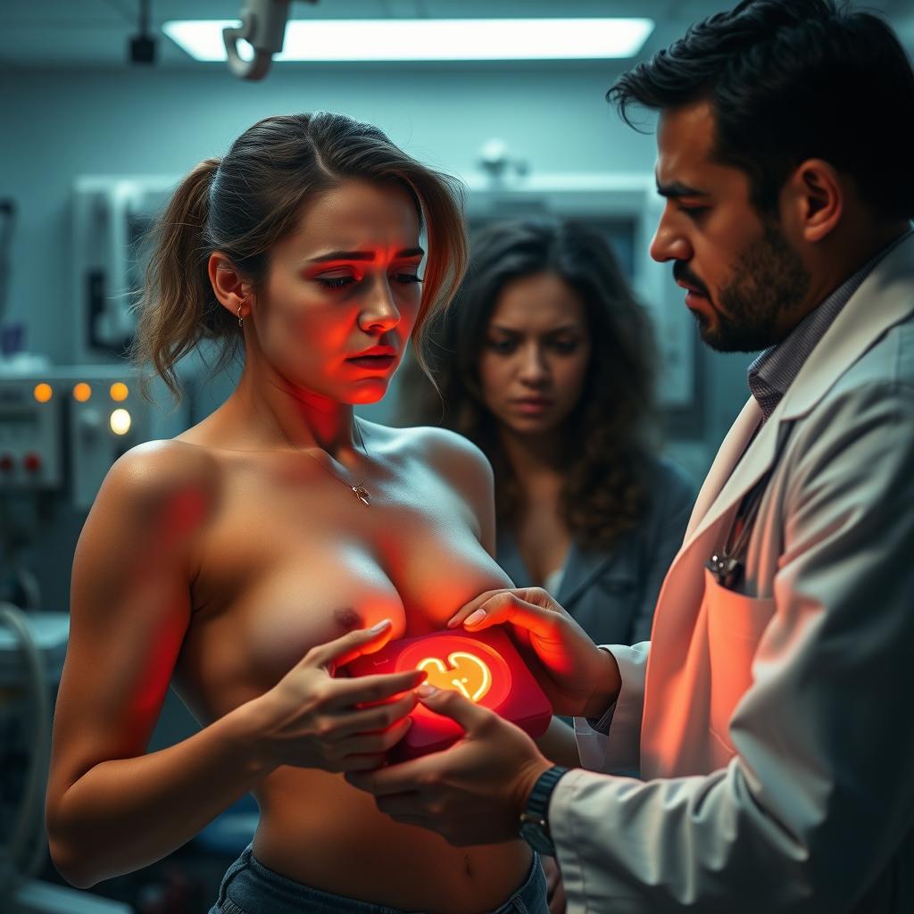 A high-intensity scene of a doctor using a defibrillator on a topless woman, focused on the urgency of the medical situation