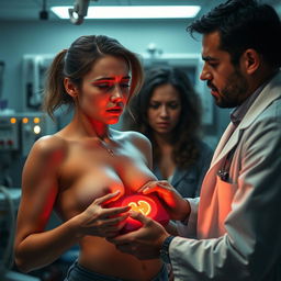 A high-intensity scene of a doctor using a defibrillator on a topless woman, focused on the urgency of the medical situation