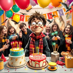 A vibrant Harry Potter themed birthday party featuring a character named Nick, who has a humorous and whimsical appearance with a comically exaggerated almost decapitated head