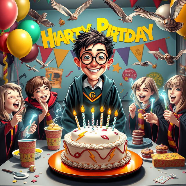 A vibrant Harry Potter themed birthday party featuring a character named Nick, who has a humorous and whimsical appearance with a comically exaggerated almost decapitated head