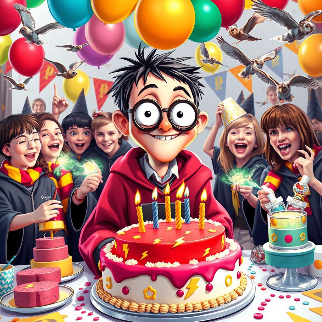 A vibrant Harry Potter themed birthday party featuring a character named Nick, who has a humorous and whimsical appearance with a comically exaggerated almost decapitated head