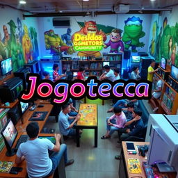 A vibrant and engaging scene of a 'Jogoteca' - a gaming and community hub