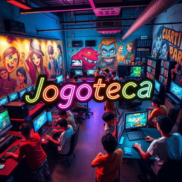 A vibrant and engaging scene of a 'Jogoteca' - a gaming and community hub