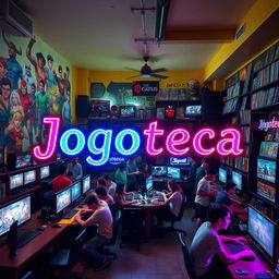 A vibrant and engaging scene of a 'Jogoteca' - a gaming and community hub