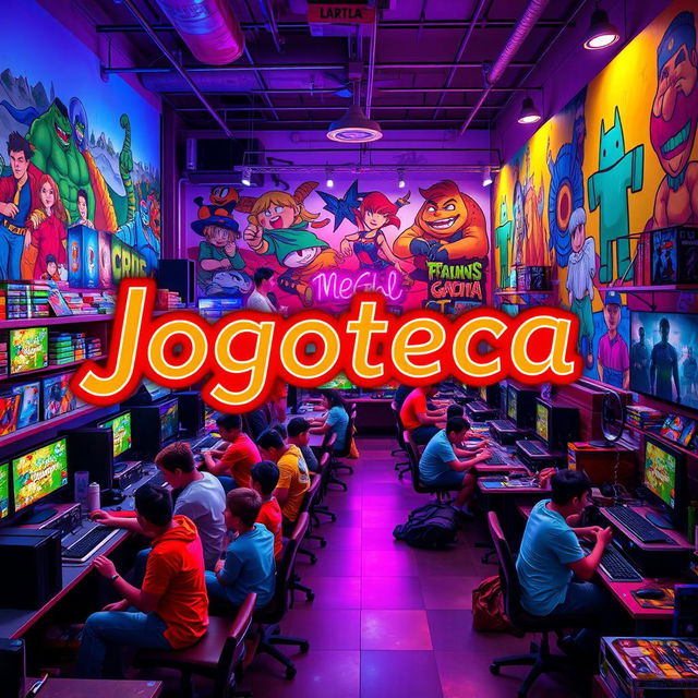 A vibrant and engaging scene of a 'Jogoteca' - a gaming and community hub