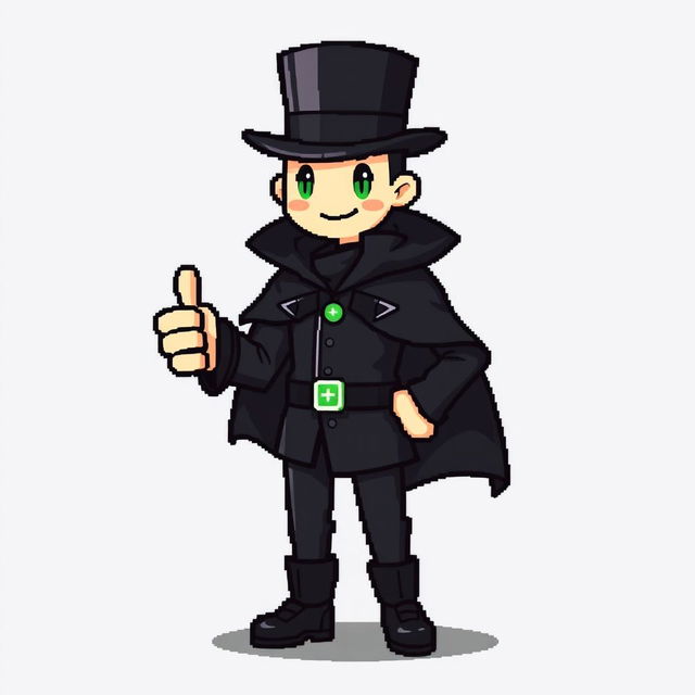 A character in a pixel art style, wearing a stylish black outfit with a cloak and a top hat, giving a thumbs up gesture