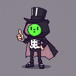 A character in a pixel art style, wearing a stylish black outfit with a cloak and a top hat, giving a thumbs up gesture