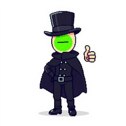 A character in a pixel art style, wearing a stylish black outfit with a cloak and a top hat, giving a thumbs up gesture