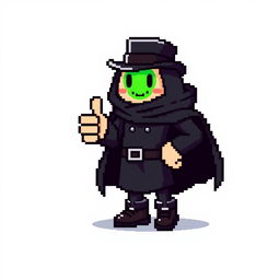 A character in a pixel art style, wearing a stylish black outfit with a cloak and a top hat, giving a thumbs up gesture