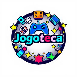 A circular logo design for 'Jogoteca', incorporating elements of gaming to create a fun and engaging identity