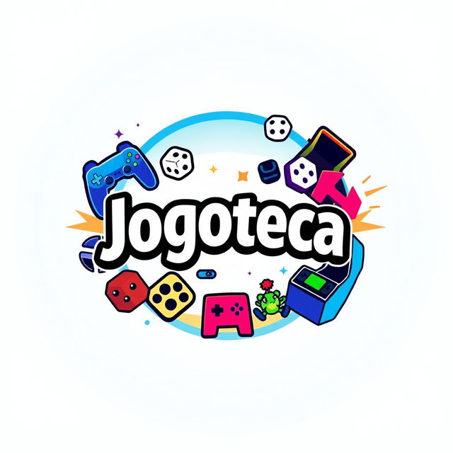 A circular logo design for 'Jogoteca', combining vibrant gaming elements to create an engaging identity