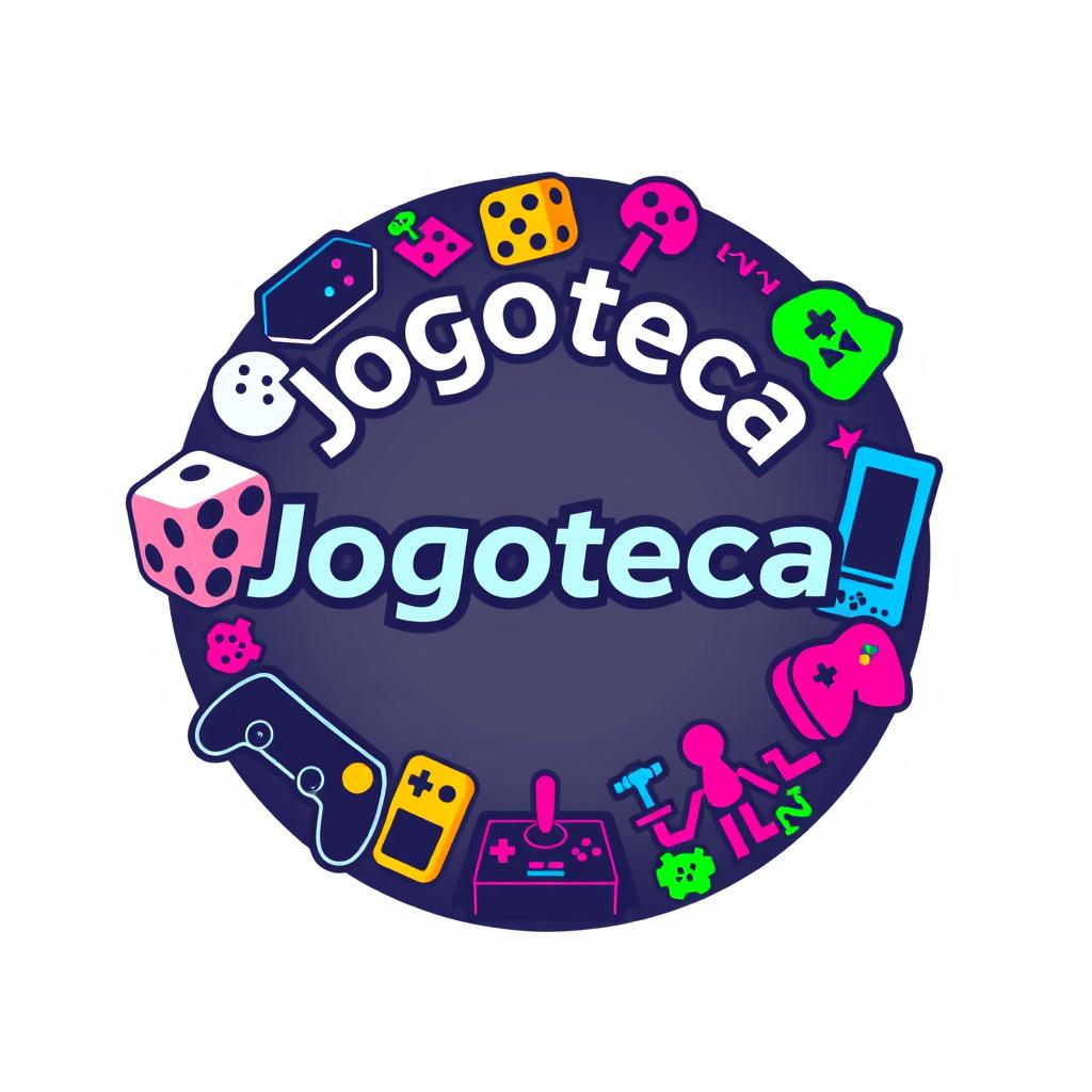 A circular logo design for 'Jogoteca', combining vibrant gaming elements to create an engaging identity