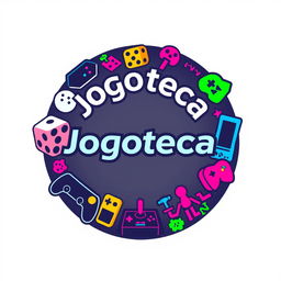 A circular logo design for 'Jogoteca', combining vibrant gaming elements to create an engaging identity