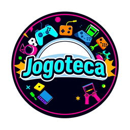 A circular logo design for 'Jogoteca', combining vibrant gaming elements to create an engaging identity