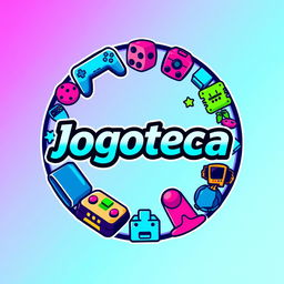 A circular logo design for 'Jogoteca', combining vibrant gaming elements to create an engaging identity