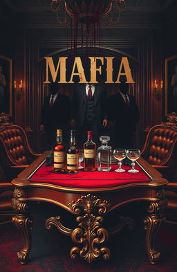 A luxurious and blood-soaked cover design representing the mafia world, featuring a dark, atmospheric setting with a lavishly adorned room
