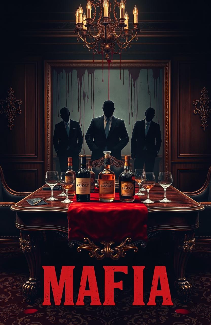 A luxurious and blood-soaked cover design representing the mafia world, featuring a dark, atmospheric setting with a lavishly adorned room