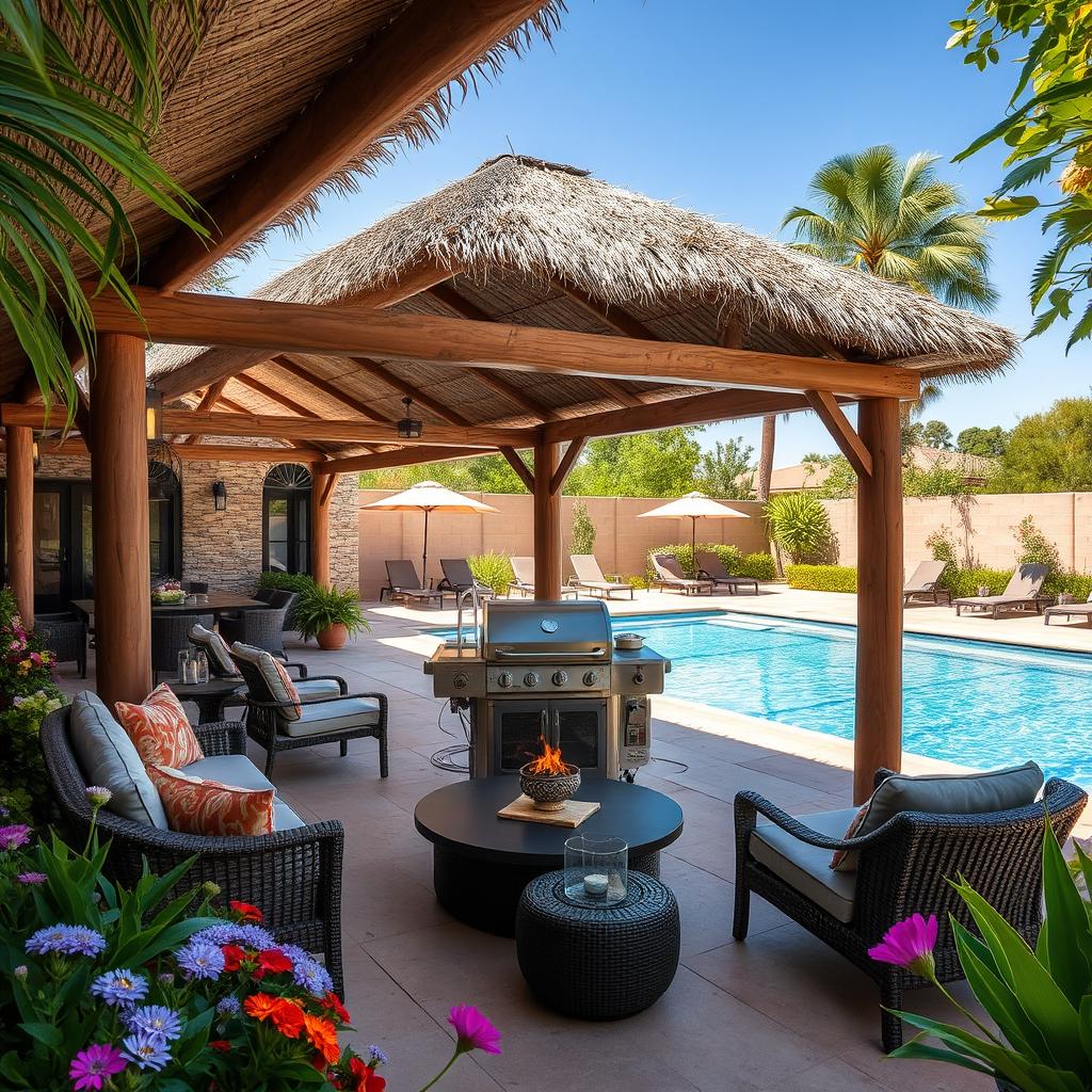 A beautifully designed quincho (Argentine barbecue area) in a spacious patio by a swimming pool