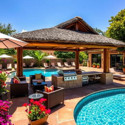 A beautifully designed quincho (Argentine barbecue area) in a spacious patio by a swimming pool