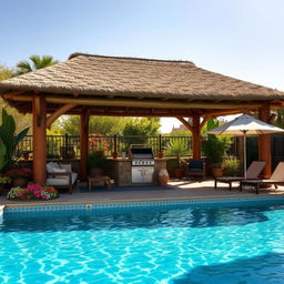 A beautifully designed quincho (Argentine barbecue area) in a spacious patio by a swimming pool