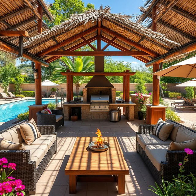 A beautifully designed quincho (Argentine barbecue area) in a spacious patio by a swimming pool