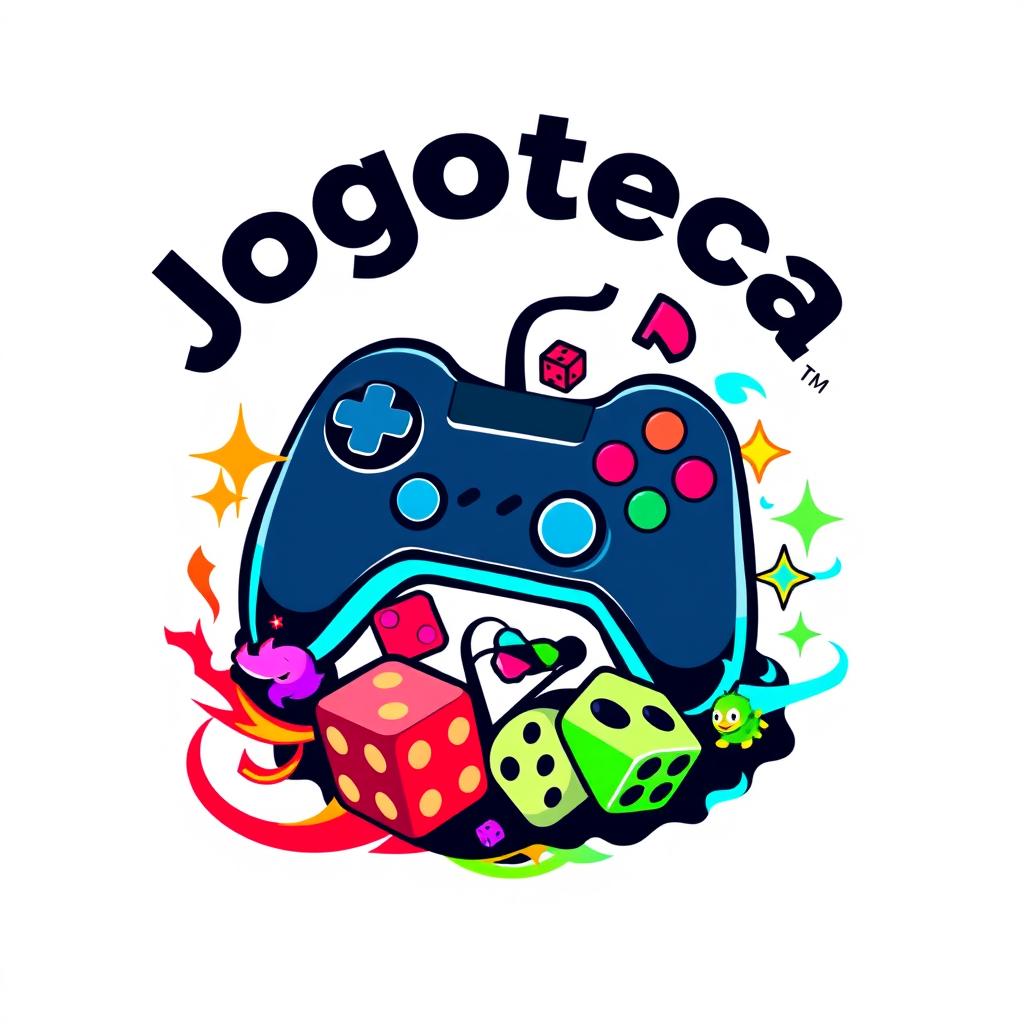 A circular logo design for 'Jogoteca', featuring various gaming elements and set against a clean white background