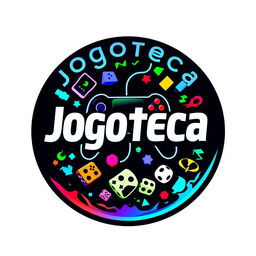 A circular logo design for 'Jogoteca', featuring various gaming elements and set against a clean white background