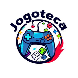 A circular logo design for 'Jogoteca', featuring various gaming elements and set against a clean white background