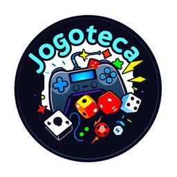 A circular logo design for 'Jogoteca', featuring various gaming elements and set against a clean white background