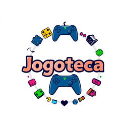 A circular logo design for 'Jogoteca', featuring gaming elements and set against a clean white background