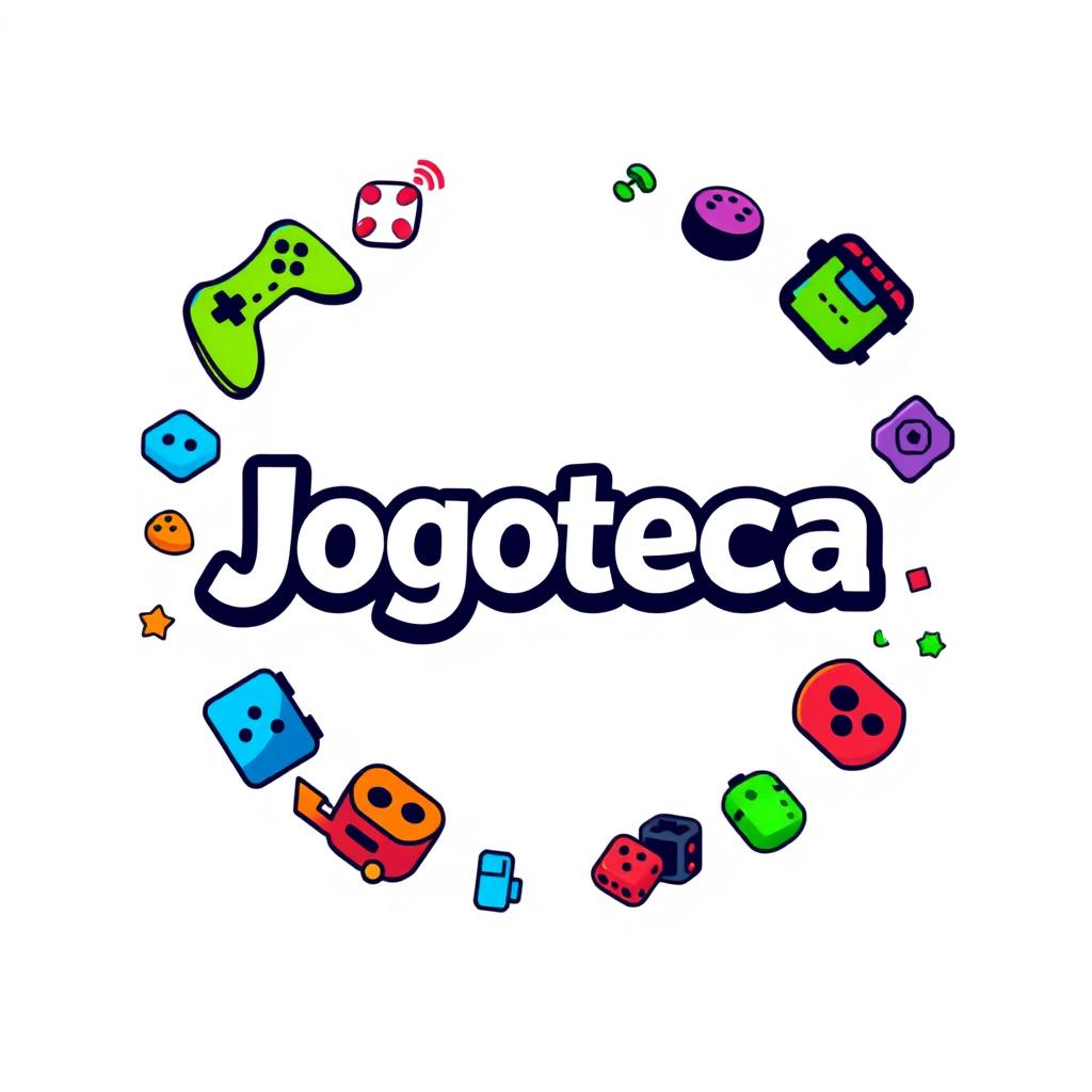 A circular logo design for 'Jogoteca', featuring gaming elements and set against a clean white background