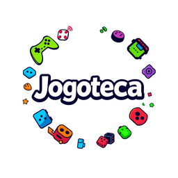 A circular logo design for 'Jogoteca', featuring gaming elements and set against a clean white background