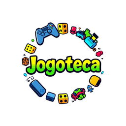 A circular logo design for 'Jogoteca', featuring gaming elements and set against a clean white background