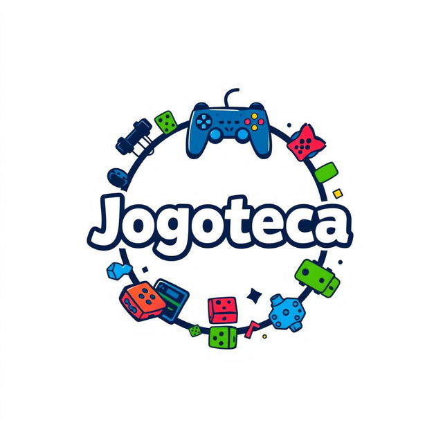 A circular logo design for 'Jogoteca', featuring gaming elements and set against a clean white background